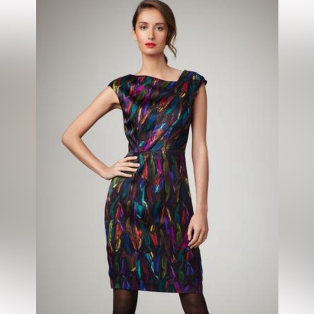 MILLY OF NEW YORK CATE 100% ITALIAN SILK  FEATHER JEWEL TONE MIDI DRESS …